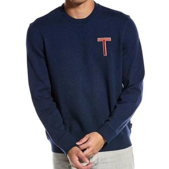 TED BAKER WELLOE Round Neck Chest Logo Cotton Navy Blue Varsity Sweatshirt Sz M - Picture 1 of 16